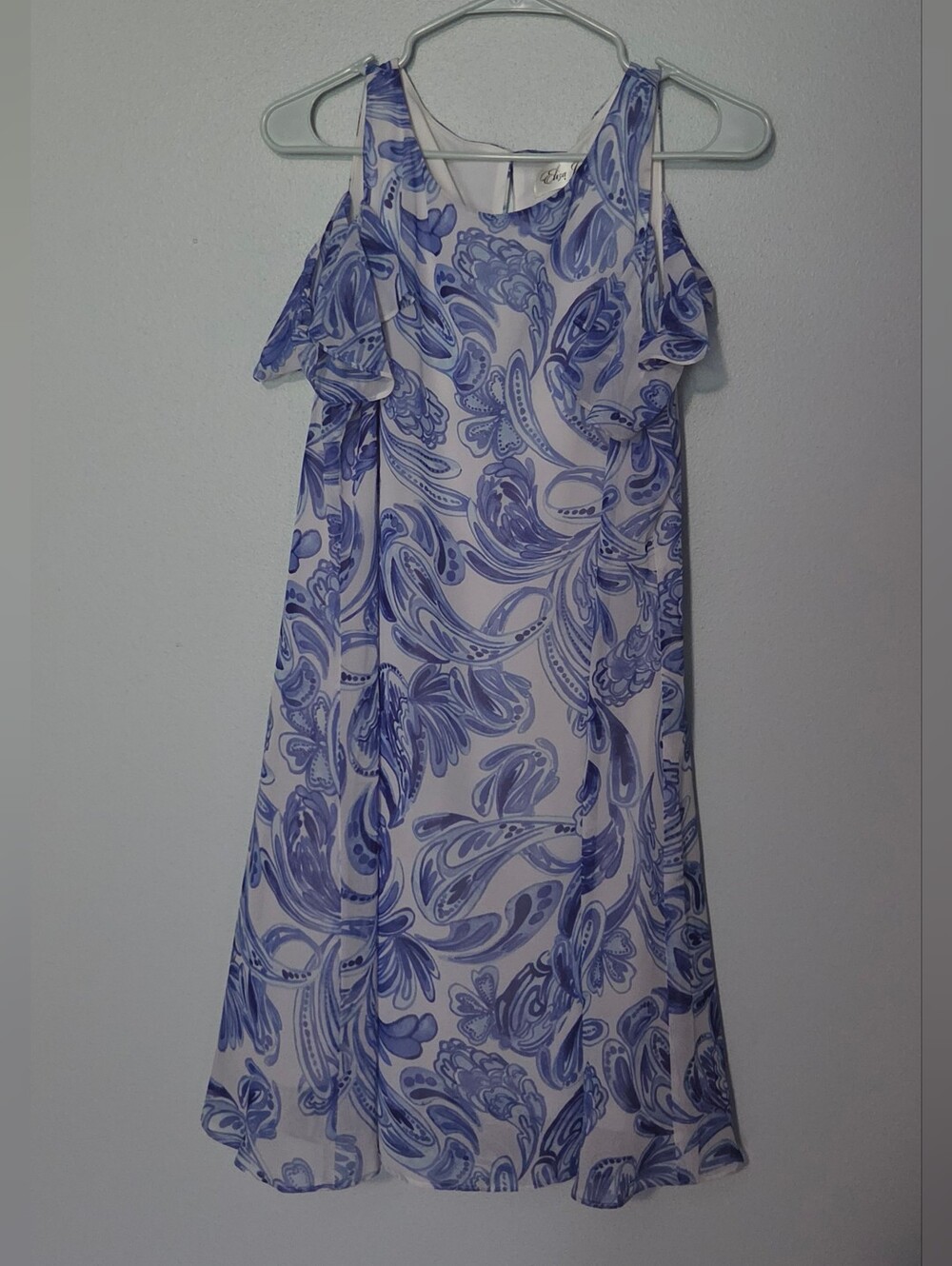 Eliza J White and Blue Paisley Cold-Shoulder Midi Dress
